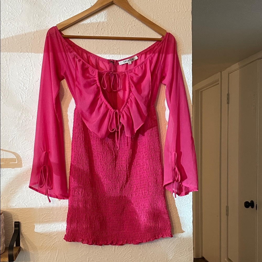 Pink Off-Shoulder Ruffle Tie-Front Women’s Dress